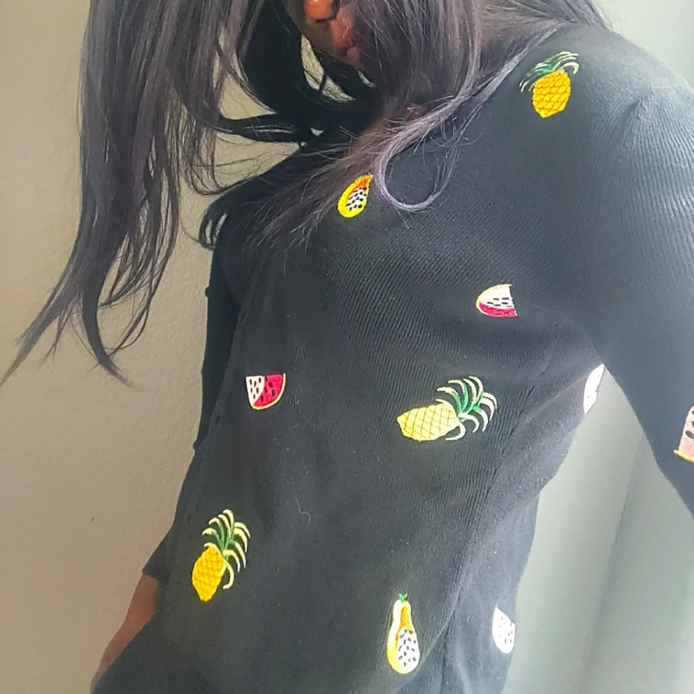 Lily Stanhope Black Cardigan Tropical Fruit sz PS